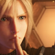 Pictured is a close up of Cloud from FFVII with a finger over his lips.